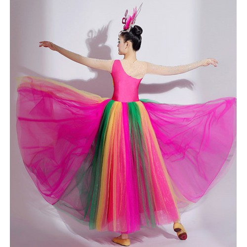 Rainbow flamenco dance dress opening dance skirt modern dance choir long dress Stage singing and dancing colorful long gown for women girls 